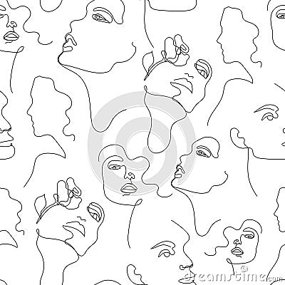 Vector one line drawing women faces seamless pattern, black and white. Fashion poster, minimalistic style. Female Vector Illustration