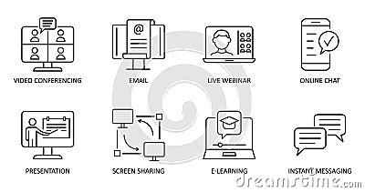 Vector online communication icons. Editable Stroke. Video conference, online chat, email, live webinar, instant messaging, online Vector Illustration