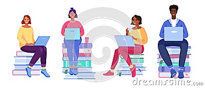 Vector online education set with young people, books, diverse students, laptops. Vector Illustration