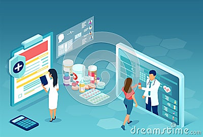 Vector of online pharmacy, with pharmacist communicating with patients via mobile app Vector Illustration