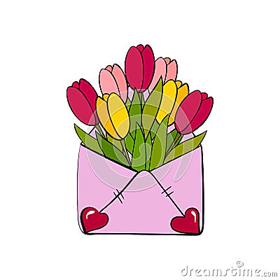 Vector open envelope in pink color with a bouquet of tulips and hearts on the envelope in doodle style. Spring design for Vector Illustration