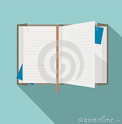 Open organizer with lines with bookmark and stickers Vector Illustration