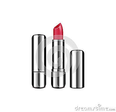 Vector opened and closed lipstick tube template. Lip cream, silver realistic packaging Vector Illustration