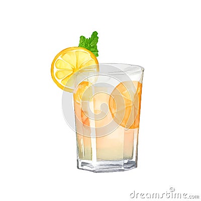 Vector orange citrus summer cocktail with lemon in glass painted in watercolor style on a white background. Vector Illustration