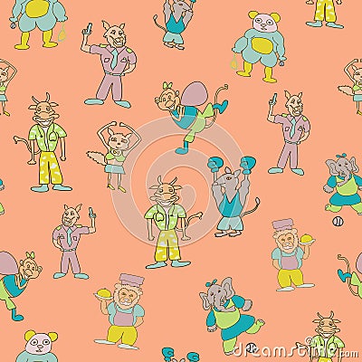 Vector orange fun anthromorphic characters repeat pattern background Vector Illustration