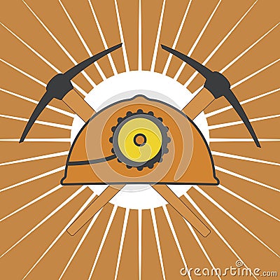 Vector orange mine helmet with a lamp and picks Vector Illustration