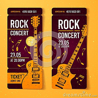 Vector orange rock festival ticket design template with guitar Vector Illustration