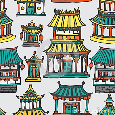 Vector oriental houses seamless pattern Vector Illustration