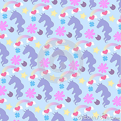 Vector ornament beautiful bright cute cartoon unicorns, rainbows and flowers Vector Illustration