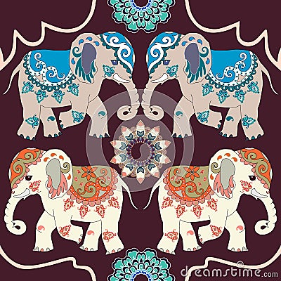 Vector ornament with funny indian elephants and flowers mandalas Vector Illustration