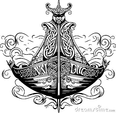 Vector ornamental ancient sailboat illustration. Abstract historical mythology ship logo. Good for print or tattoo Vector Illustration