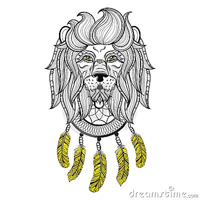 Vector ornamental Lion with dreamcatcher, ethnic patterned head. Vector Illustration