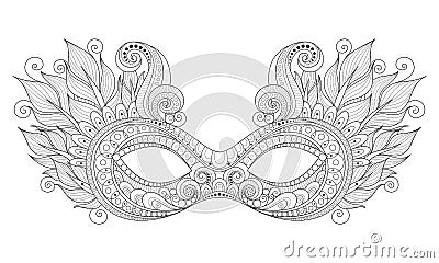Vector Ornate Monochrome Mardi Gras Carnival Mask with Decorative Feathers Vector Illustration