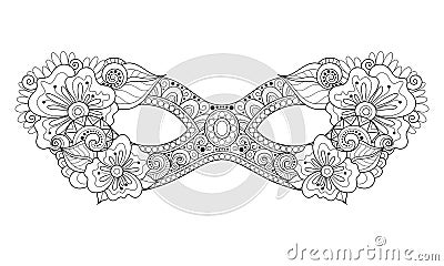 Vector Ornate Monochrome Mardi Gras Carnival Mask with Decorative Flowers Vector Illustration