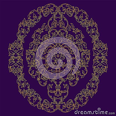 Vector ornate oval element in Eastern style on deep violet background. Ornamental vintage ornament for wedding invitations and Vector Illustration