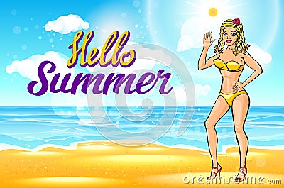 Vector. Outdoor summer sunny bikini fashion smiling portrait of pretty young blonde girl. the beach on tropic island vacation Vector Illustration