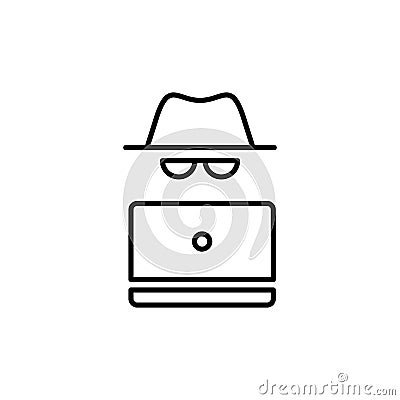 Vector outline anonymous icon. An incognito face in hat and glasses with laptop isolated on white background. Concept of web Stock Photo