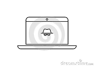 Vector outline anonymous icon. An incognito face in hat and glasses on laptop screen isolated on white background. Concept of web Stock Photo