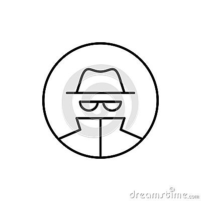 Vector outline anonymous icon. An incognito person in hat and glasses in circle frame isolated on white background. Concept of Stock Photo