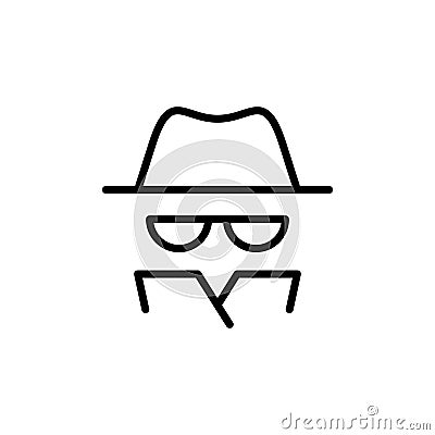 Vector outline anonymous icon. An incognito person in hat and glasses in coat isolated on white background. Concept of anonymity, Stock Photo