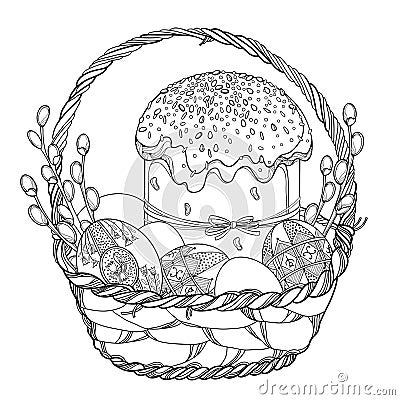 Vector outline basket with Easter cake or Paska, Ukrainian Easter egg Pysanka and willow twig in black isolated on white. Vector Illustration