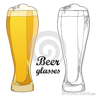 Vector outline beer glass in black and in color on white background. Glasses in contour style with lager beer with foam. Vector Illustration