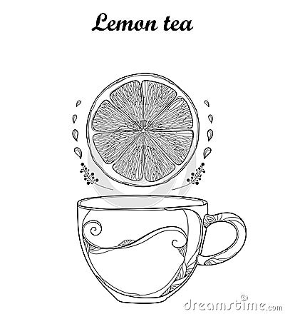 Vector outline cup of Lemon herbal tea and Lemon slice in black isolated on white background. Composition with tropical citrus. Vector Illustration