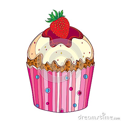 Vector outline cupcake with Strawberry red berry isolated on white background. Drawing of cake with strawberry fruit. Vector Illustration