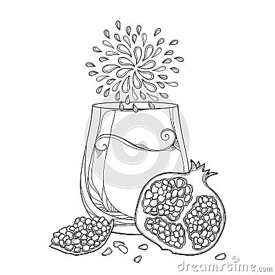 Vector outline drinking glass of Pomegranate fresh juice, half and whole fruit and seed in black isolated on white background. Vector Illustration