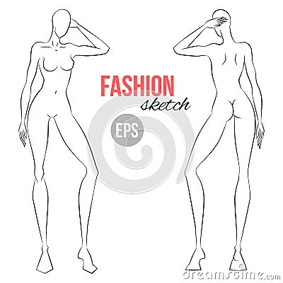 Vector outline girl model template for fashion sketching. Template for drawing. Vector illustration. Vector Illustration