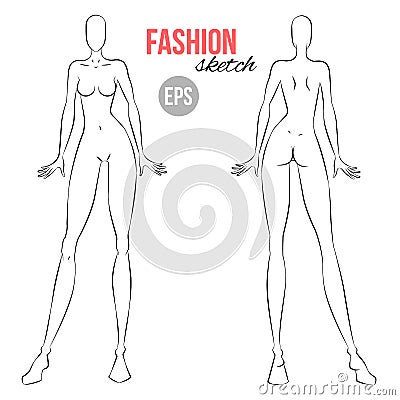 Vector outline girl model template for fashion sketching. Illustration of women`s figure for designers of clothes. Standing girl. Vector Illustration