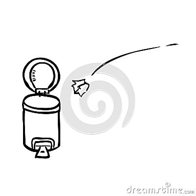 Simple Vector Outline Hand Draw Sketch of crumpled Paper throwed into opened empty Clean and tidy trash bin, at White Vector Illustration
