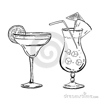 Vector outline hand drawn margarita and blue curacao coctails for posters and cards Vector Illustration