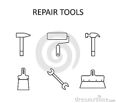 Vector outline icon with repair tools: hummer, wrench, paint roller, putty knife, nail puller Vector Illustration