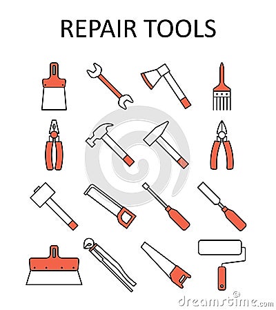 Vector outline icon with repair tools: hummer, wrench, paint roller, putty knife, nail puller, saw, pliers, ax, hacksaw, Vector Illustration