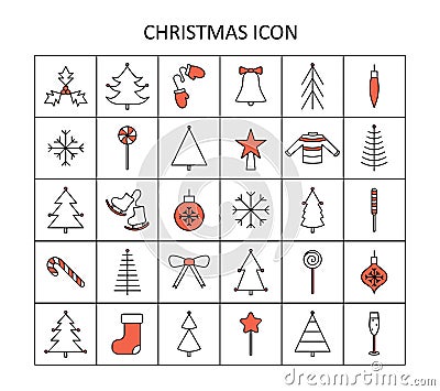 Vector outline icon set with Christmas stuff: tree, toys, candy cane, chapagne, mittens, star, sweater, skates,snowflakes, bow. Vector Illustration