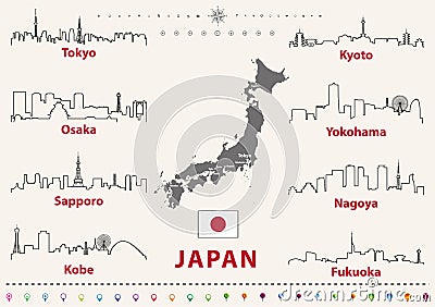 Vector outline icons of Japan cities skylines with japanese flag and map Vector Illustration