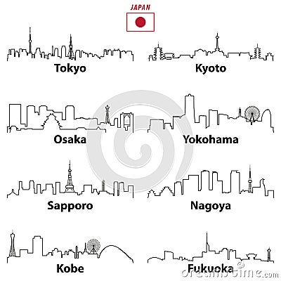 Vector outline icons of Japan cities skylines Vector Illustration