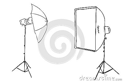 Vector Outline Manual Hand Draw Sketch Rectangle Softbox and Umbrella for Photography, Isolated on White Vector Illustration
