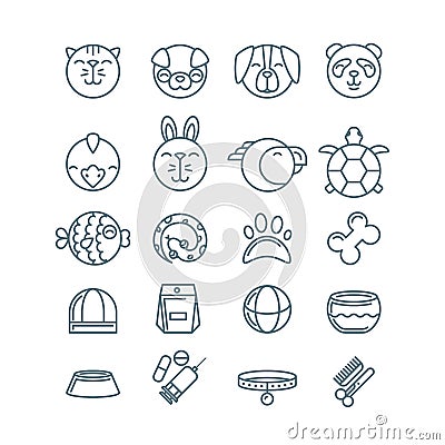 Vector outline pet shop, zoo or veterinary icons set. Vector Illustration