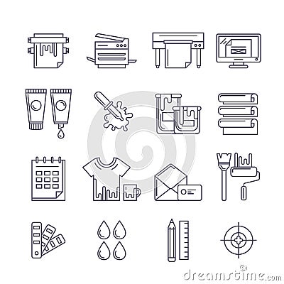 Vector outline printing icons set. Printer, plotter, paints and Vector Illustration