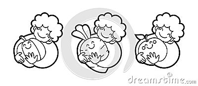 Vector outline set of smiling old gardeners. Gray-haired curly grandmother gardener hugs a huge apple, carrot, pumpkin. Old woman Vector Illustration