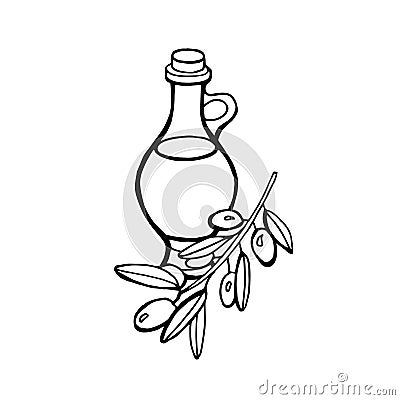 Vector outline. Still life of olive oil in a glass jar and sprigs of fresh olives Vector Illustration