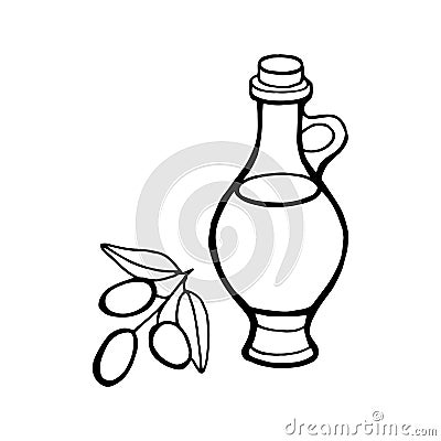 Vector outline. Still life of olive oil in a glass jar and sprigs of fresh olives Vector Illustration