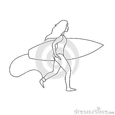 Vector outline surfer girl with surf boad running Vector Illustration