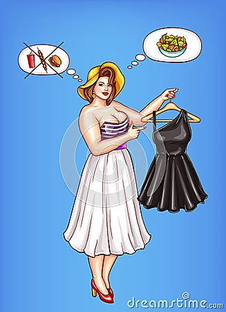 Vector overweight woman holds little black dress Vector Illustration