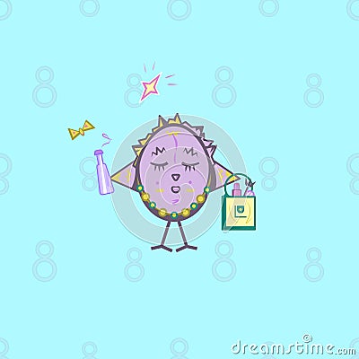 Card devoted to 8 March Day, birthday and imaging owl holding a shop bag with makeup things Vector Illustration