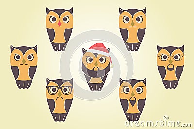 Vector Owls In Red Santa`s Hat. Owls with mustaches, beards and Vector Illustration