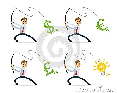 Vector pack of businessman fishing money and ideas Vector Illustration