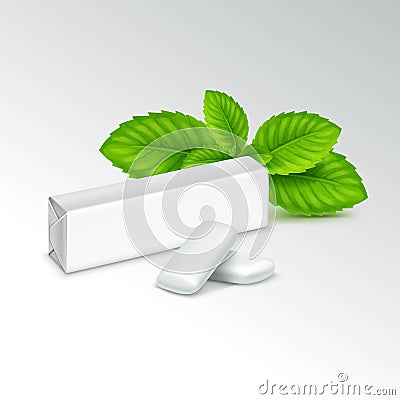 Vector Pack of Chewing Gum with Fresh Mint Leaves Vector Illustration